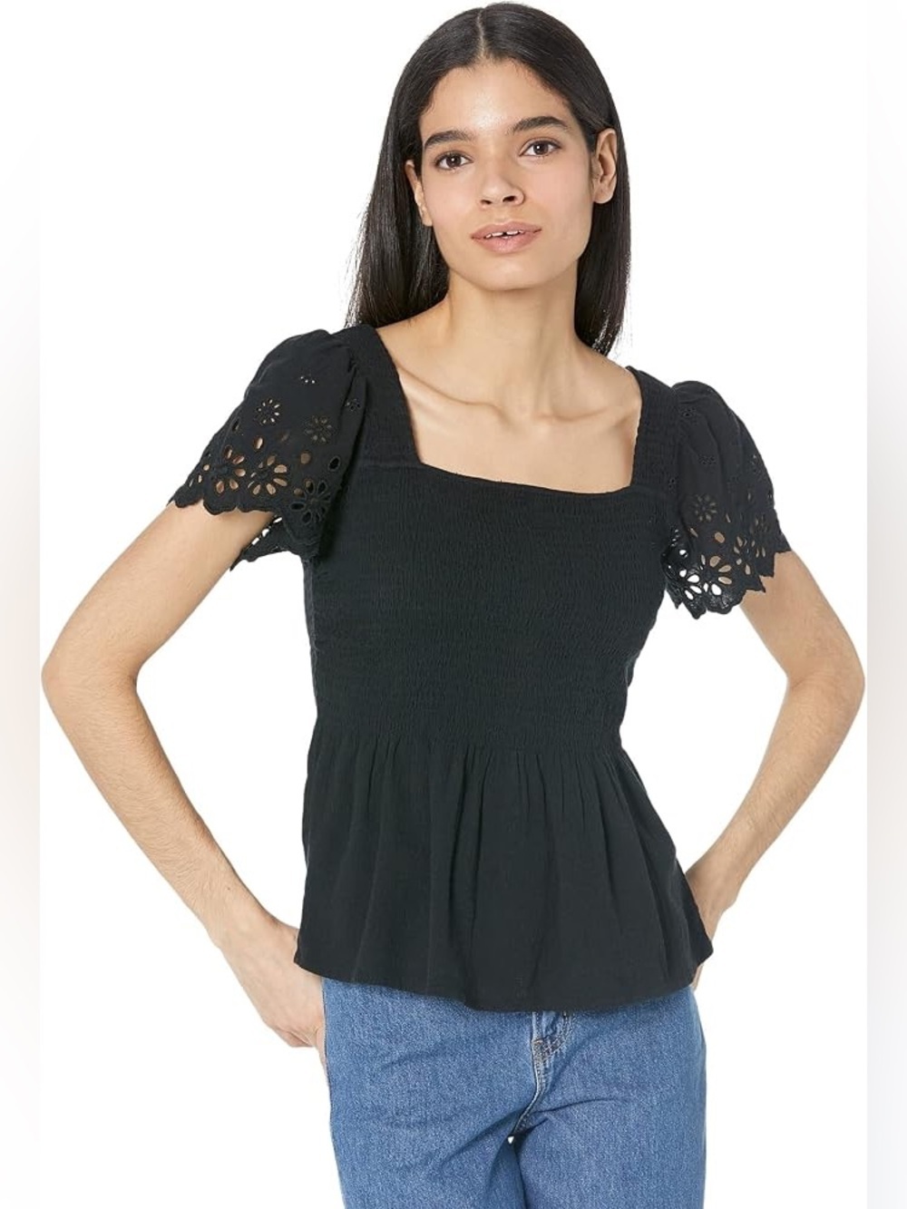 Madewell Eyelet-Sleeve Lucie Smocked Peplum Top
